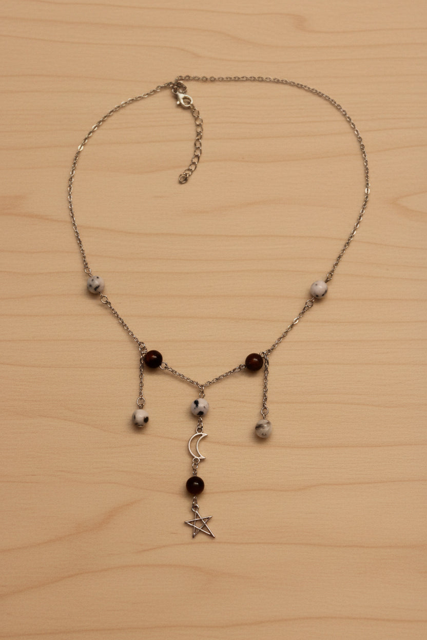 Collier oeil de tigre et agate mousse lune et étoile