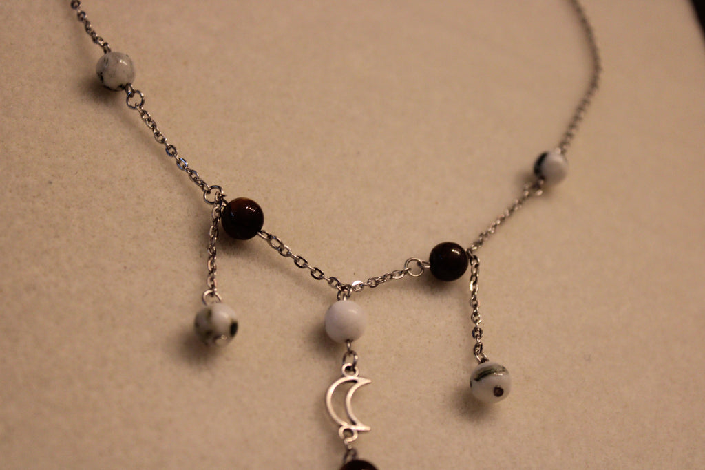 Collier oeil de tigre et agate mousse lune et étoile