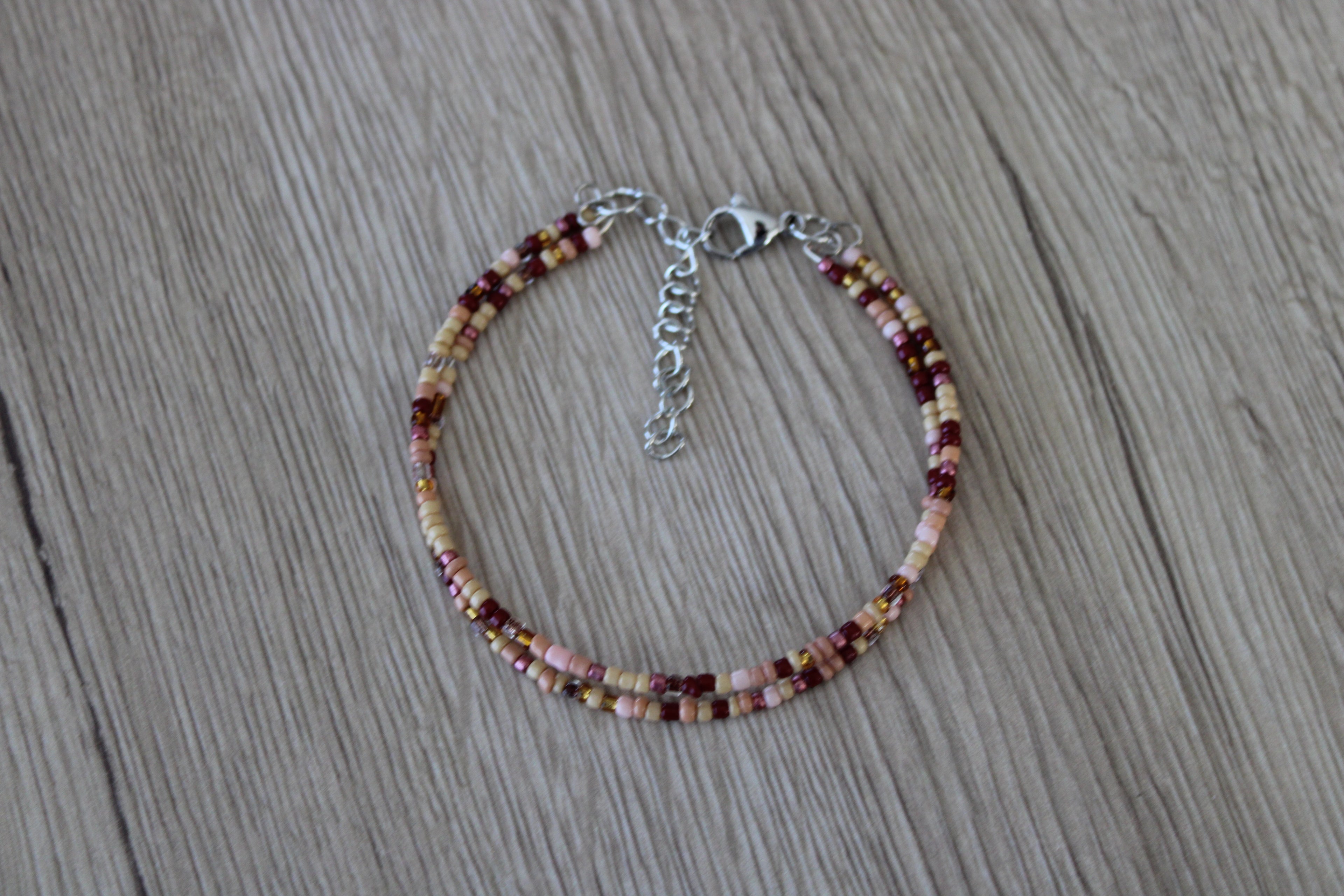 Bracelet double tour beige et bordeau
