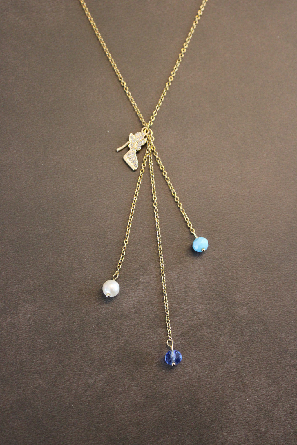 Sautoir talon perles bleu et blanc nacré