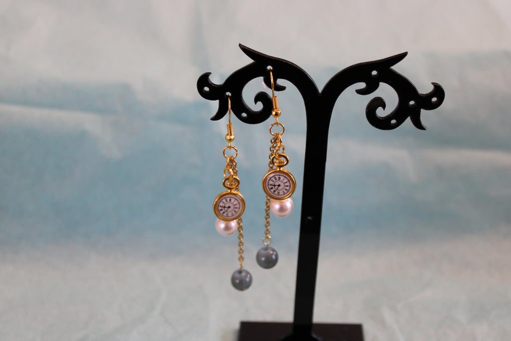 Boucles d'oreilles horloge vert et blanc nacré